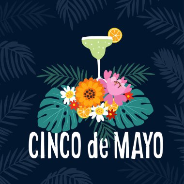 El Meksika tatil Cinco de Mayo parti tebrik kartı, davet çekilmiş. Margarita alkollü kokteyl içki tropikal flowerscitruses ve palmiye yaprakları. Vektör çizim, web reklam.