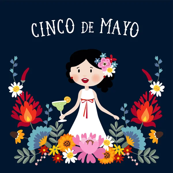 Cinco de Mayo gratulationskort, inbjudan med mexikansk kvinna dricka margarita cocktail, chilipeppar och dekorativa folklore blommor. Prydnads blommig ram mönster, platt design, vektorillustration — Stock vektor