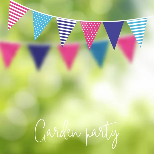 Birthday garden party or Brazilian june party, vector illustration with garland of party flags and blurred background