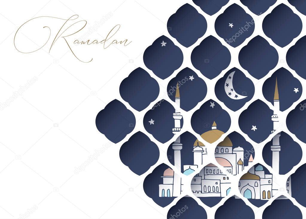Greeting card, invitation for muslim holiday Ramadan Kareem. Hand drawn mosque with moon and stars. View through white cut paper oriental arab pattern. Vector illustration.