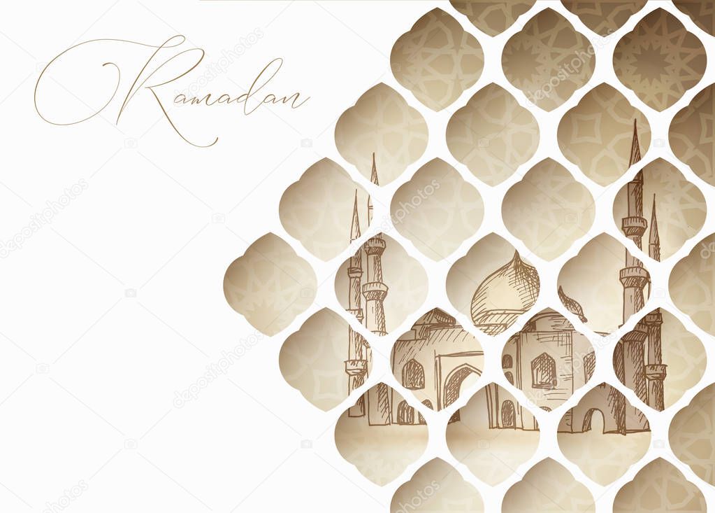 Greeting card, invitation for muslim holiday Ramadan Kareem. Hand drawn mosque. View through white cut paper oriental arab pattern. Vector illustration.