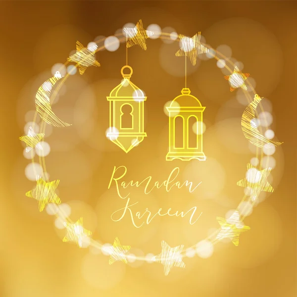 Ghirlanda di luci bokeh decorate da luna, stelle e lanterne arabe appese. Decorazione festiva, sfondo illustrazione vettoriale. Biglietto d'auguri d'oro, invito per il mese santo musulmano Ramadan Kareem — Vettoriale Stock