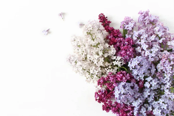 Foto stock in stile. Scena femminile primaverile, composizione floreale. Branco di bellissimi rami lilla viola e bianchi in fiore. Sfondo tavolo bianco. Posa piatta, vista dall'alto . — Foto Stock