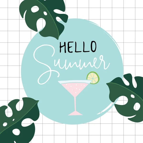 Carte de voeux rétro Hello Summer, invitation à la monstère, feuilles de fromages et cocktail alcoolisé. Illustration vectorielle dessinée à la main, dessin tropical . — Image vectorielle