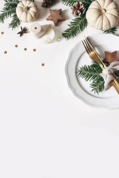 Local de mesa de Natal. Talheres dourados, prato de porcelana, ramos de abeto, caixa de presente, cones de pinho, estrelas de confete e pumkins brancos. Férias de inverno fundo. Vertical flat lay, vista superior . — Fotografia de Stock