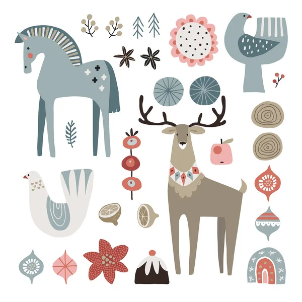 クリスマス北欧の動物や自然の要素のセット。ダラの馬、鳩の鳥、クリスマスの飾り、花、果物やトナカイ。ノルディックレトロデザイン。絶縁ベクトルイラストオブジェクト. — ストックベクタ