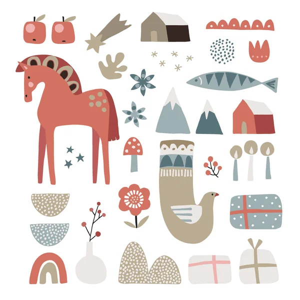 Set de animales escandinavos navideños y elementos naturales. Caballo de Dala, pájaro paloma, pescado, cajas de regalo, flores, velas y bayas. Diseño plano retro nórdico. Objetos de ilustración vectorial aislados . — Archivo Imágenes Vectoriales