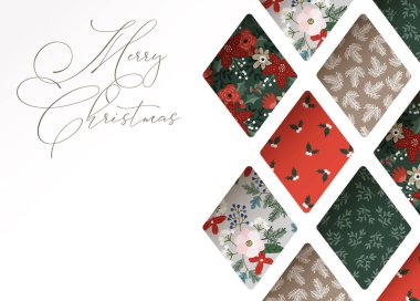 Noel tebrik kartı, davetiye. Kağıt kesiği geometrik süslemelerle renkli kış şablonlarının yakın çekimi. Festive vektör illüstrasyon arka planı, web pankartı. Modern 3D tasarım.