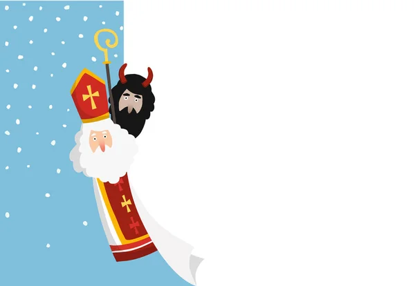 Cute hand drawn Saint Nicholas with devil and blank paper sheet, greeting card. Winter background, web banner with falling snow and copy space. Flat design, vector illustration. European tradition. — Stock Vector