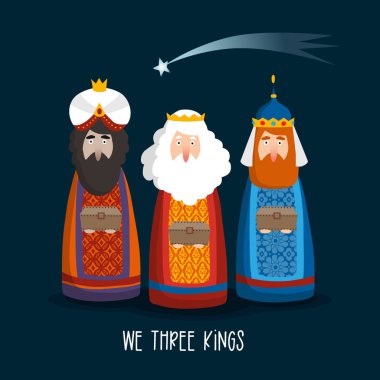 Noel tebrik kartı, davetiye. Şirin üç büyücü hediye getiriyor. İncil kralları Caspar, Melchior, Balthazar ve kuyruklu yıldız. Gece kayan yıldız. Çizgi film vektör illüstrasyon arka planı, web pankartı.