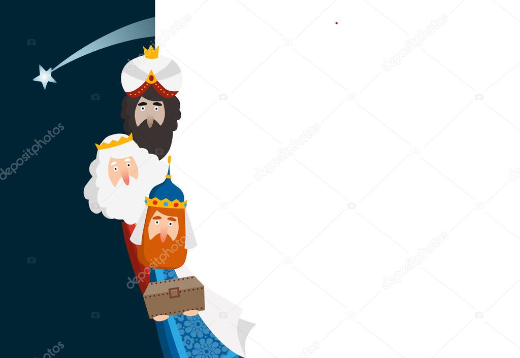 Christmas greeting card, invitation. Three magi bringing gifts. Biblical kings Caspar, Melchior, Balthazar and comet. Falling star. Vector illustration background. Blank paper bannner, copy space.