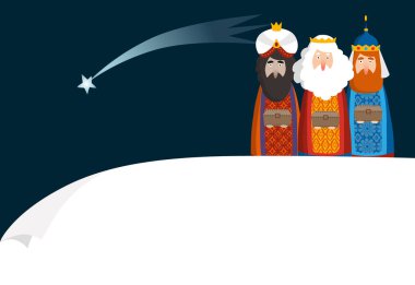 Christmas greeting card, invitation. Three magi bringing gifts. Biblical kings Caspar, Melchior, Balthazar and comet. Falling star. Vector illustration background. Blank paper bannner, copy space. clipart