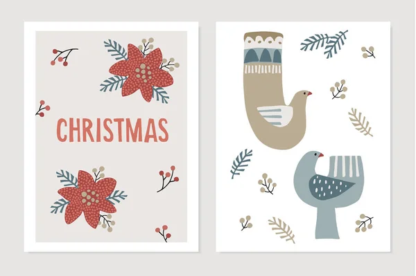 Χριστουγεννιάτικες Σκανδιναβικές ευχετήριες κάρτες, προσκλήσεις. Χαριτωμένα πουλιά περιστέρι και διακοσμητικά λουλούδια poinsettia, έλατα κλαδιά δέντρων και μούρα. Σκανδιναβικό σχέδιο. Χειμερινό διάνυσμα εικονογράφηση υπόβαθρα, αφίσες — Διανυσματικό Αρχείο