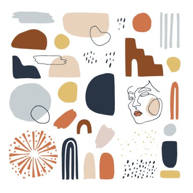 El çizimi soyut geometrik şekiller. Sanatsal dış görünüş. Nakil sanatı, tebrik kartları, markalaşma için minimum avantaj tasarım unsurları. Renkli organik izole edilmiş grafik vektör çizimleri.