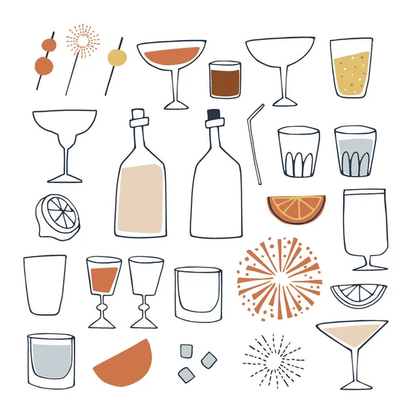 Set of hand drawn alcoholic and non alcoholic drinks, cocktails, wine bottles and drinking glass. Happy New Year, bar and celebration concept. Isolated vector icons. — Stock Vector