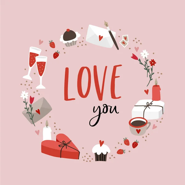 Valentines day or wedding greeting card, party invitation. Hand drawn wine glasses, letters, gift boxes and hearts. Love you text. Festive food, drink. Isolated vector illustrations, pink background. — Stock Vector