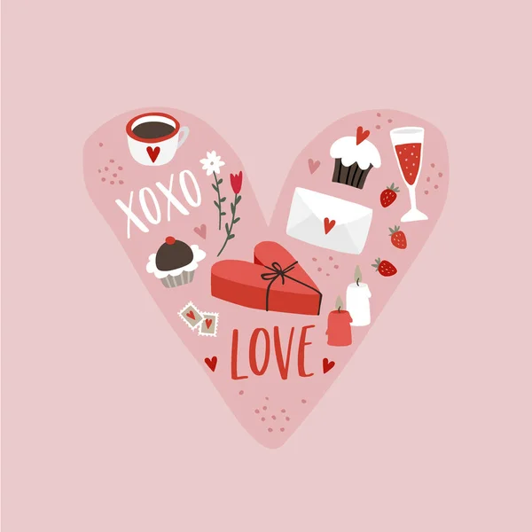 Valentines day or wedding greeting card, party invitation. Heart made of hand drawn wine glasses, letters, gift boxes and sweet food. Love, XOXO text. Festive icons. Isolated vector illustrations. — ストックベクタ