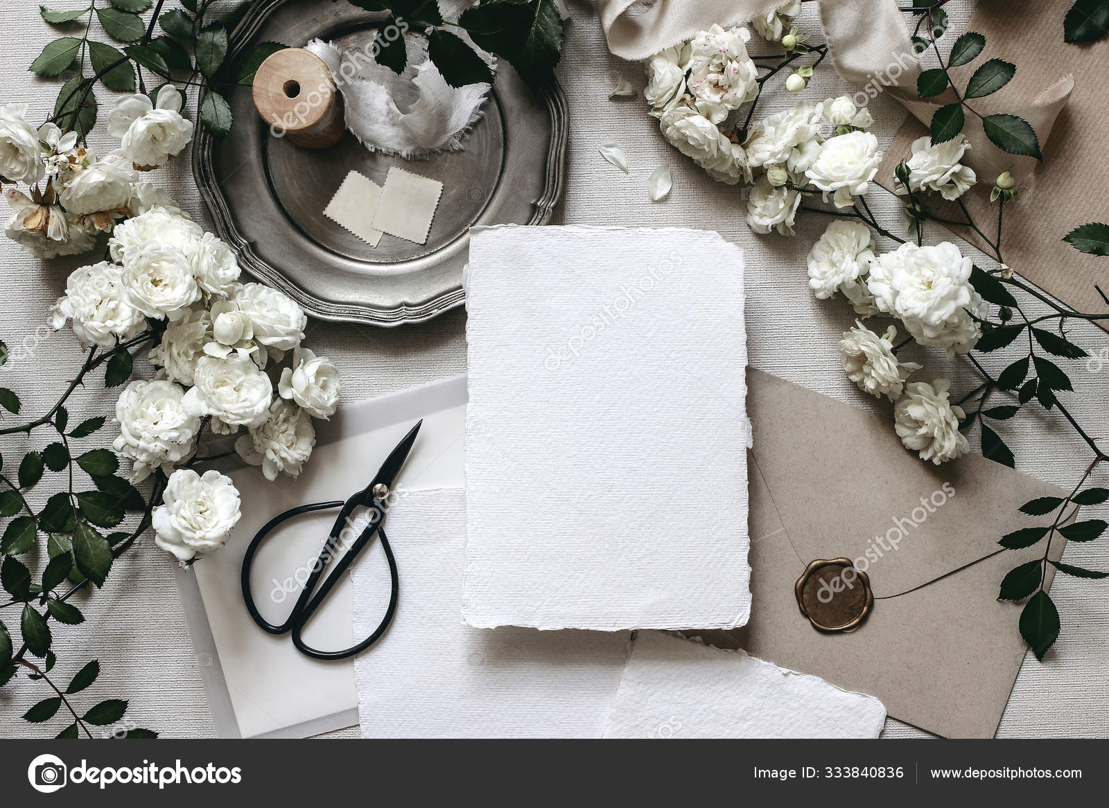 Download Moody Wedding Table Mockup Scene Stationery Composition With Fading White Rose Flowers Silver Plate Black Scissors Envelopes And Blank Greeting Cards Grey Textured Background Flat Lay Top View Stock Photo Image