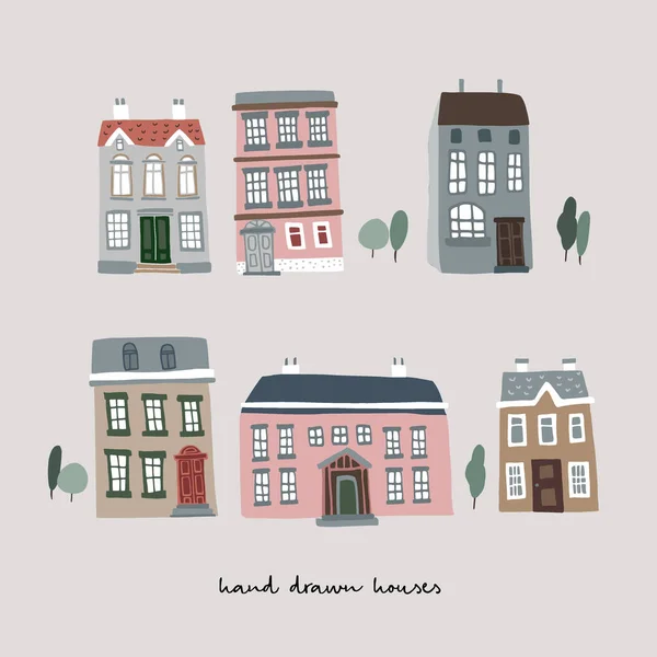 Set of hand drawn colorful old houses. Real estate icons isolated on white background. Town, village concept, urban landscape. Collection of vector cartoon illustrations. — 스톡 벡터
