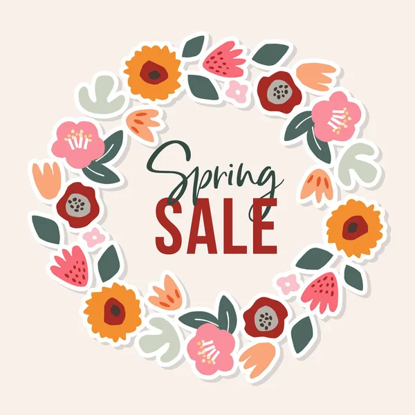 Colorful poster with hand drawn floral wreath. Spring Sale business concept. Cut out circle of tulip, rose, daisy flowers and leaves. Modern design. Vector illustration background for banners, cards. — Stock Vector