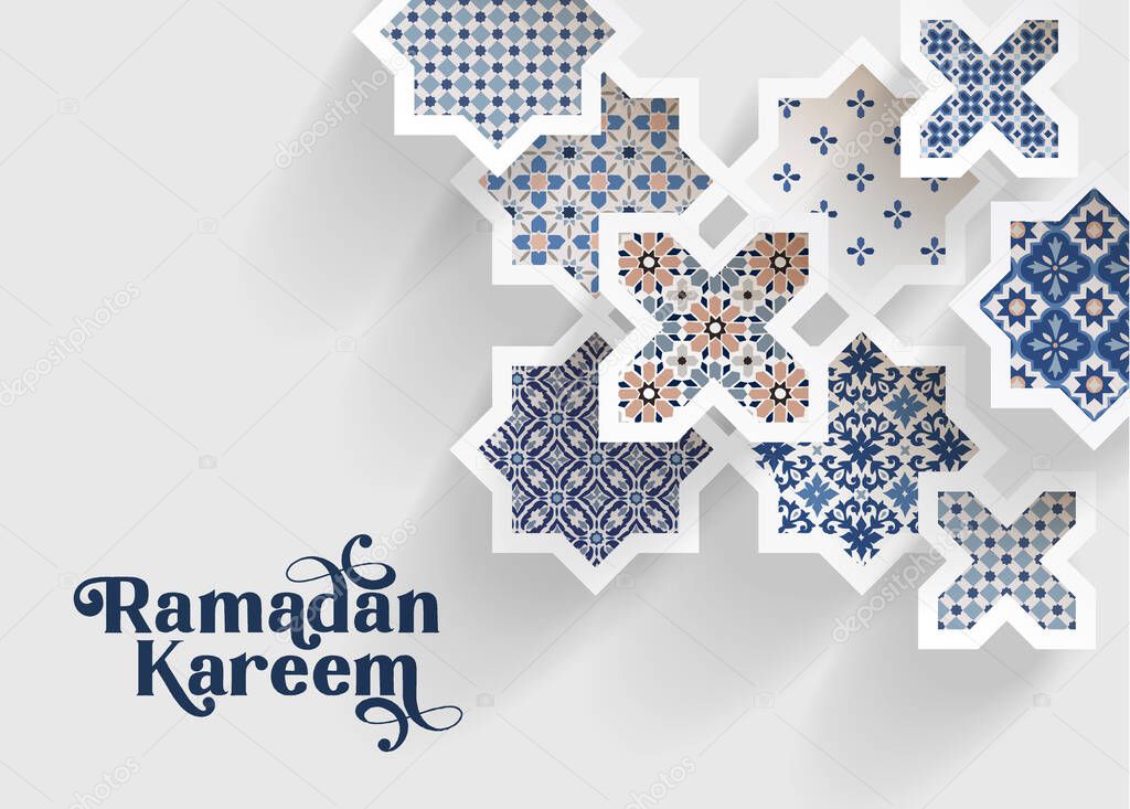 Blue ornamental arabic tiles, patterns through white cut out stars, long shadows. Greeting card, invitation for Muslim holiday Ramadan Kareem. Vector illustration bacground, web banner, modern design.