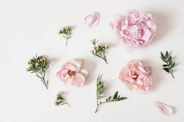 Decorative floral composition with pink roses, peonies, chameleucium flowers and green leaves on white table background. Flower pattern. Flat lay, top view. Wedding or birthday styled stock photo. — Stock Photo, Image