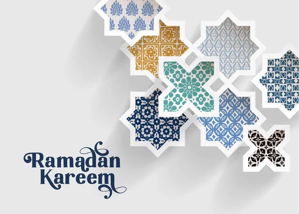 Πολύχρωμα διακοσμητικά αραβικά πλακίδια, μοτίβα μέσα από λευκά κομμένα αστέρια, μακριές σκιές. Ευχετήρια κάρτα, πρόσκληση για μουσουλμανικές γιορτές Ραμαζάνι Καρίμ. Vector illustration bacground, μοντέρνο web banner. — Διανυσματικό Αρχείο