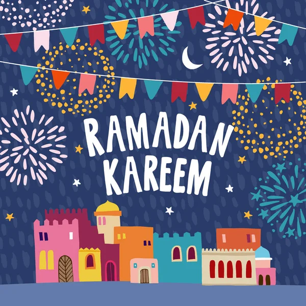 Ευχετήρια κάρτα, πρόσκληση για μουσουλμανικές διακοπές Ραμαζάνι Καρίμ. Γιρλάντα από σημαίες, πολύχρωμα σπίτια, φεγγάρι, αστέρια και πυροτεχνήματα τη νύχτα. Εικονογράφηση διάνυσμα, επίπεδη σχεδίαση, υφή backgound. — Διανυσματικό Αρχείο