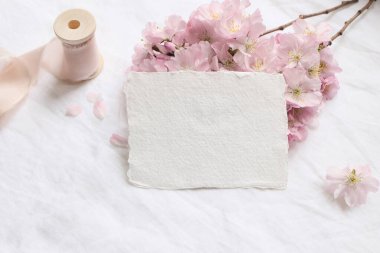 Düğün kırtasiyesi sahnesi. Boş tebrik kartları, keten masa örtüsünün üzerinde pembe kiraz ağacı dalları ve kurdeleli bir zarf. Kadınsı natürmort kompozisyonu. Düz yatış, üst görünüm