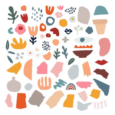 Soyut el çizimleri, çiçekler, çiçek unsurları, fırça darbeleri ve yırtık kağıtlar. Düz modern sanatsal, minimalist tasarım. Tekstil ve parmak izleri için dekoratif izole vektör çizimleri.