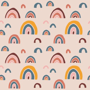 Gökkuşağı karalamalı, kusursuz bir el çizimi. Renkli retro soyut geometrik tasarım. Marka, kumaş, tekstil ve duvar kağıtları için tekrar eden fayanslar. Şirin vektör resimleme arkaplanı.