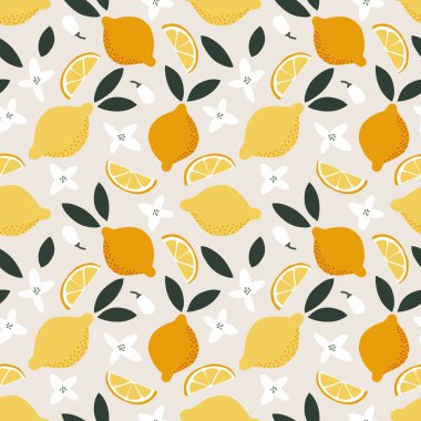 Kusursuz yaz şablonu. Sulu limonlar, yapraklar ve çiçekler. Akdeniz tekstil, kumaş veya narenciye ve çiçeklerle koleksiyon kitabı tasarımı. Akdeniz illüstrasyon arka planı.