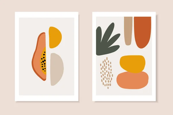 Set of summer artistic greeting cards, invitations. Cut papaya fruit, palm leaf and abstract geometric shapes. Modern minimalist vector drawing, web banners. Tropical posters, wall art, brochure cover — Stock Vector