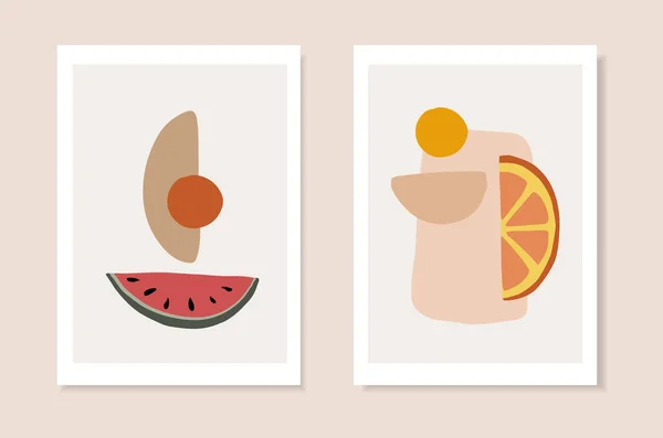 Set of summer artistic greeting cards, invitations. Cut watermelon, orange citrus fruit and abstract geometric shapes. Modern minimalist vector drawing, web banners. Exotic posters, wall art, brochure — Stock Vector