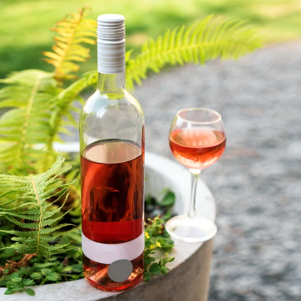 Ein Glas und eine Flasche Rot- oder Rosenwein im Herbstweinberg. Erntezeit, Picknick, Festthema. — Stockfoto