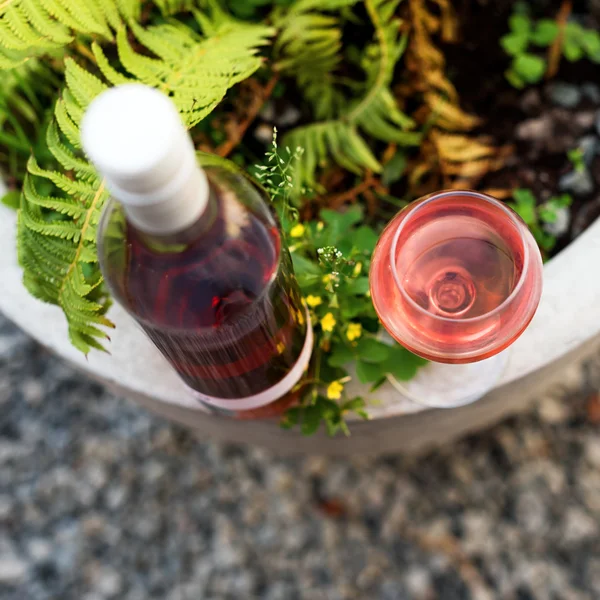 Um copo e garrafa de vinho tinto ou rosa na vinha de outono. Tempo de colheita, piquenique, tema de festa. — Fotografia de Stock