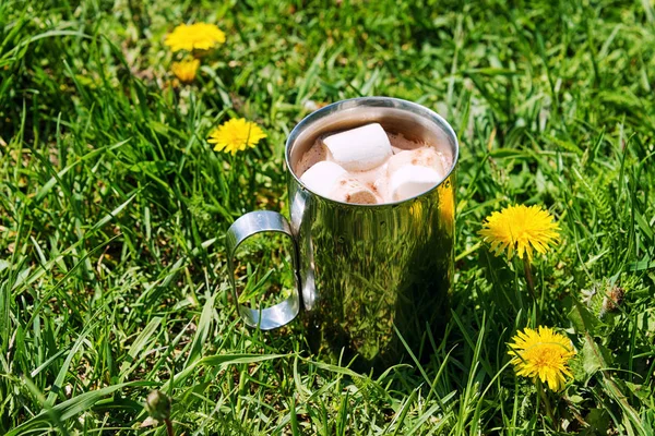 Metal touristic mug of cocoa with marshmallow among green grass. Nature and tourism concept.