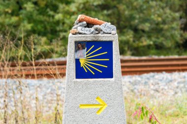 Sarı deniz tarağı kabuğu, Camino de Santiago 'nun turistik sembolü Camino Norte, İspanya' yı gösteriyor. St. James hac yolunda Santiago De Compostela 'ya giden yolda kayalar var.