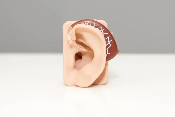 Modelul artificial al urechii umane cu aparat auditiv pe masa albă. Modelul urechii din plastic. Temă medicală sau cursuri de știință . — Fotografie, imagine de stoc