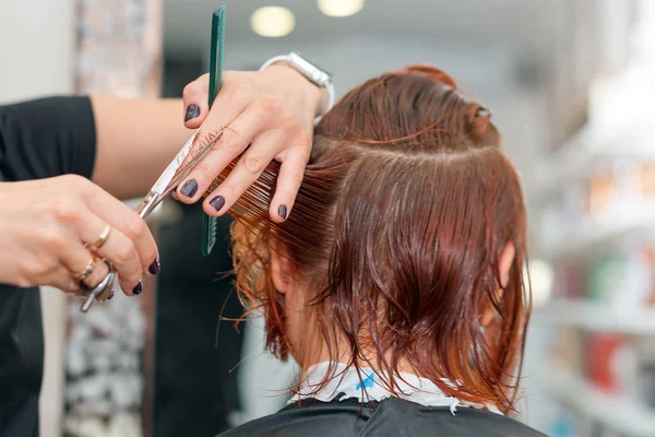 Женщине делают новую стрижку. Женщина-парикмахер стрижет волосы ножницами в парикмахерской. Парикмахер держит в руке между пальцами прядь волос, расческу и ножницы крупным планом . — стоковое фото