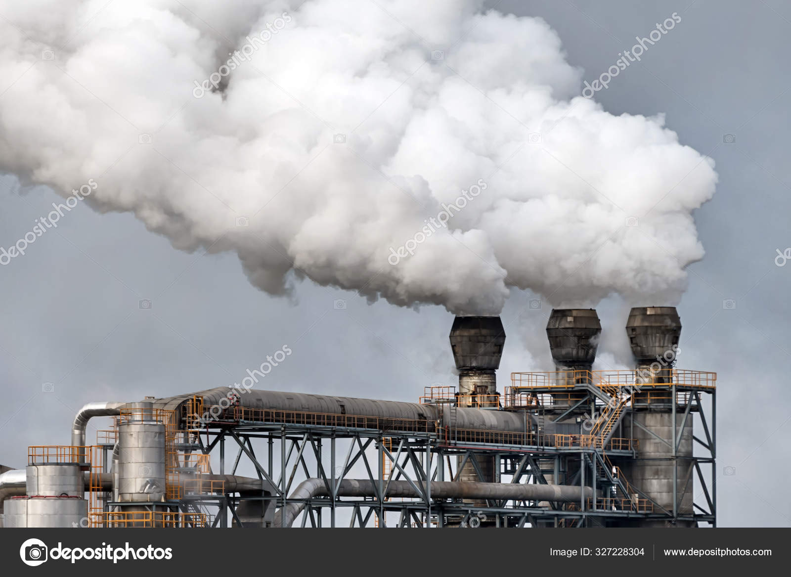Chemical factory with smoke stack. Smoke emission from factory pipes