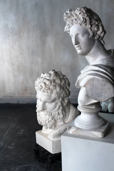 God Apollo buste sculptuur en buste van de Farnese Hercules. Hoofd sculptuur, gips kopie van een marmeren beelden van Griekse goden en helden op grange betonnen muur achtergrond in studio. Kopieerruimte voor tekst. — Stockfoto