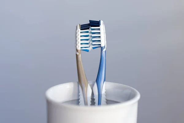 Two plastic toothbrushes kissing in toothbrush cup on grey background representing a couple in love. Dental care, romantic relations and love concept — Stock Photo, Image