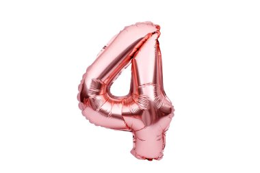 4 numara, gül sarısı şişirilebilir helyum balonundan yapılmış. Altın sarısı folyo balon yazı tipi tam sayılar kümesinin bir parçası, beyaza izole edilmiş. Doğum günü partisi kutlaması, satış ve indirim kavramı