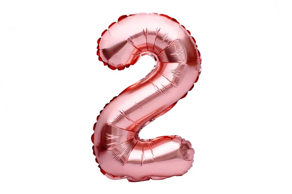 Numero 2 due, realizzato in palloncino gonfiabile all'elio oro rosa. Oro rosa palloncino font parte di una serie completa di numeri, isolato su bianco. Festa di compleanno, saldi e sconti concetto — Foto Stock