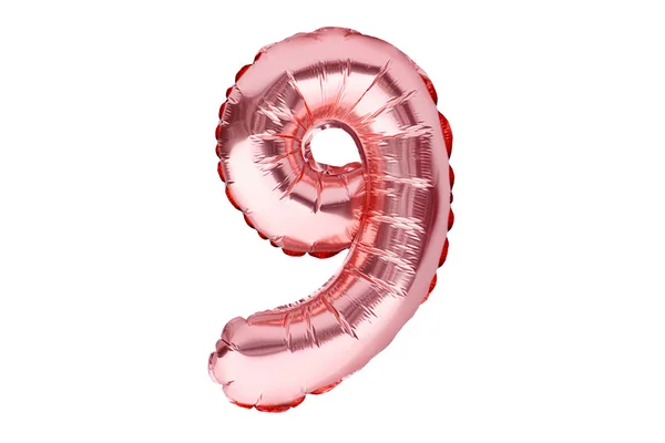 Nummer negen, gemaakt van rozengouden opblaasbare helium ballon. Goud roze folie ballon lettertype een deel van de volledige set van nummers, geïsoleerd op wit. Verjaardagsfeest feest, verkoop en kortingen concept — Stockfoto