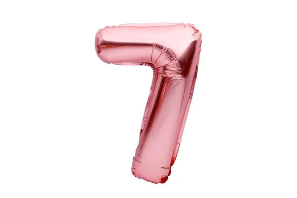 7号7号,玫瑰金充气氦气气球.金粉箔气球字体部分完整的一组数字，隔离在白色。生日派对庆祝、销售及折扣概念 — 图库照片