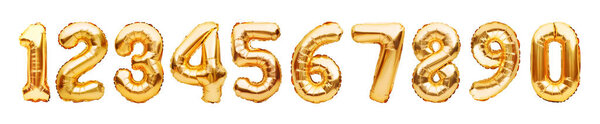 Набор с золотыми шарами фольги в виде чисел изолирован на белом фоне. Числа жёлтые золотые металлические надувные шарики. Празднование, образование, скидки и продажа или день рождения
