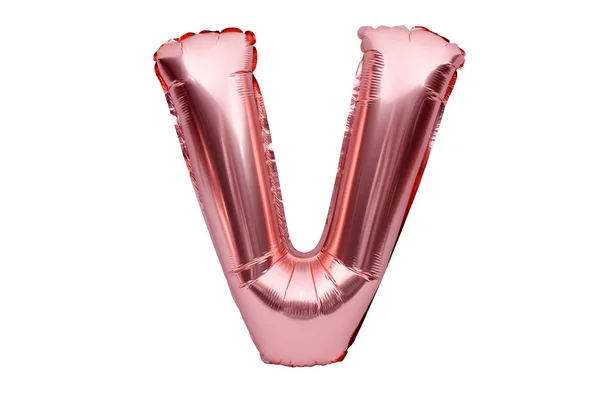 Bokstav V gjord av ros gyllene uppblåsbar heliumballong isolerad på vitt. Guld rosa folie ballong teckensnitt del av full alfabetet uppsättning stora bokstäver. — Stockfoto