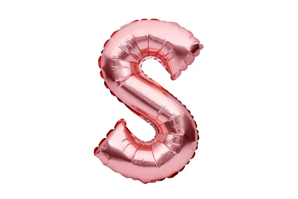 Letter S gemaakt van rose gouden opblaasbare helium ballon geïsoleerd op wit. Gold pink foil ballon lettertype onderdeel van het volledige alfabet set hoofdletters. — Stockfoto